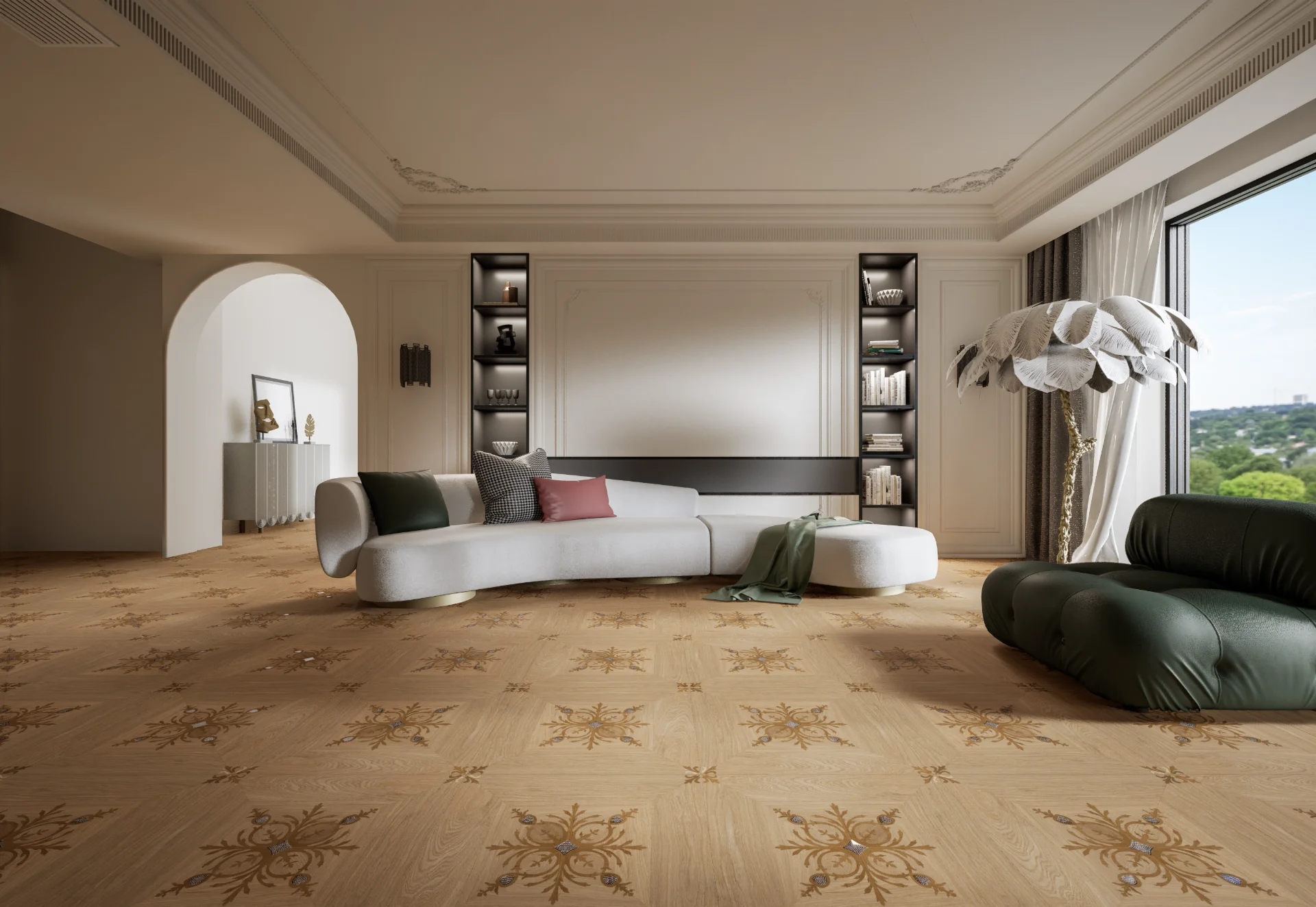 Elegant living room with modern parquet flooring design